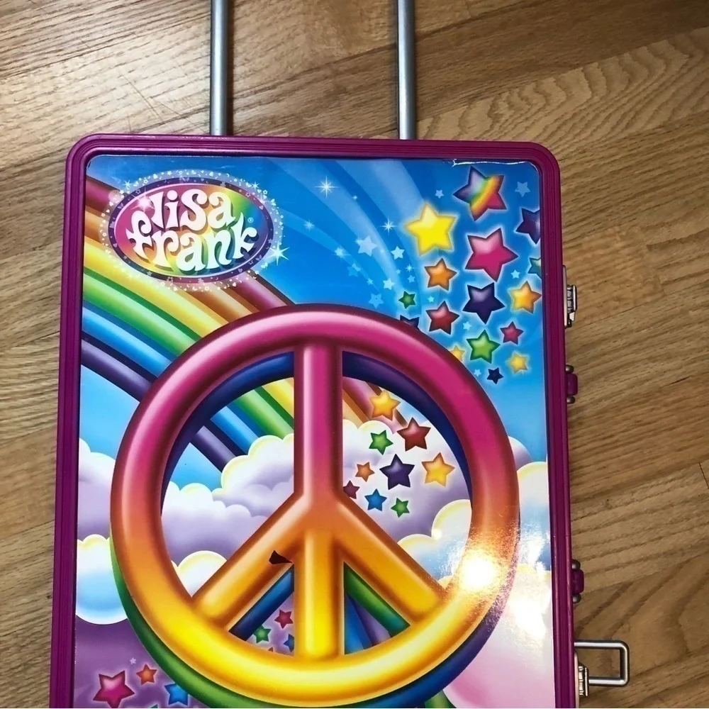 Vintage Lisa Frank Rolling Luggage Peace Sign Handle Purple Pink Rainbow